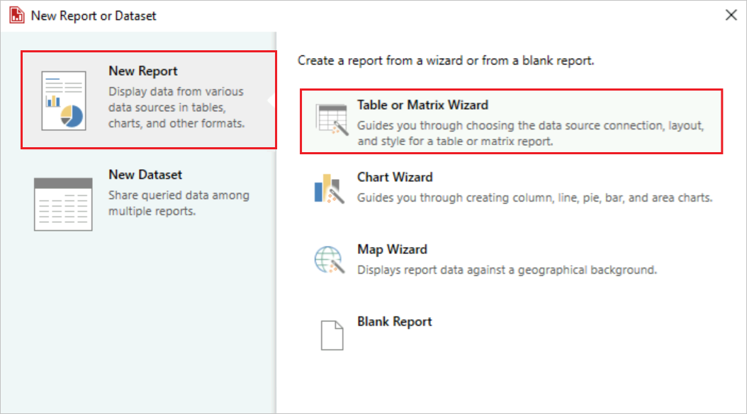 Screenshot che mostra come selezionare Nuovo Report nella Creazione Guidata Tabella o Matrice.
