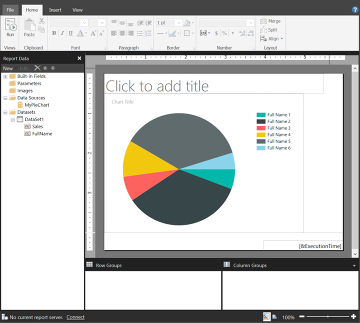 Screenshot del Generatore di report Nuovo diagramma a torta nella visualizzazione progettazione.