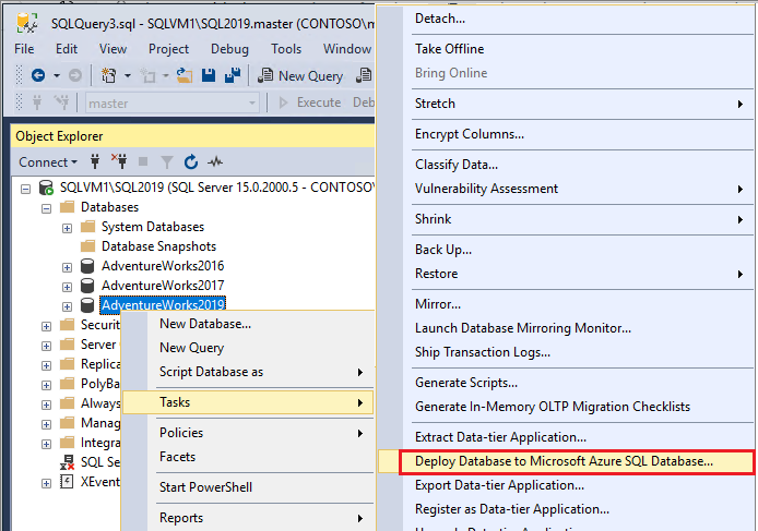 Screenshot che mostra i passaggi del menu per la distribuzione di un database nel database SQL.
