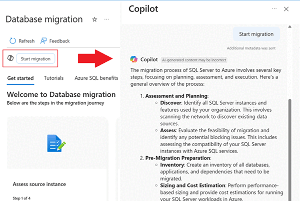 Screenshot che mostra l'icona Copilot nel riquadro Migrazione del database nel portale Azure.