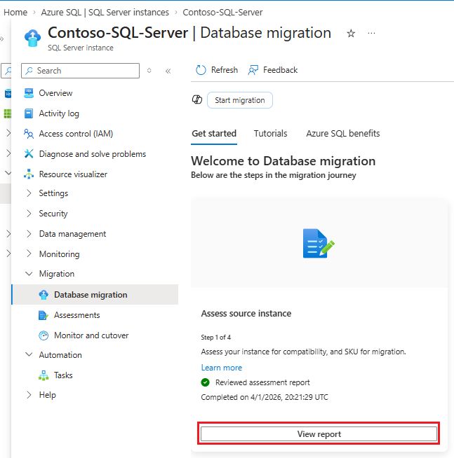 Screenshot che mostra il riquadro Migrazione del database per l'istanza di SQL Server nel portale di Azure, con 