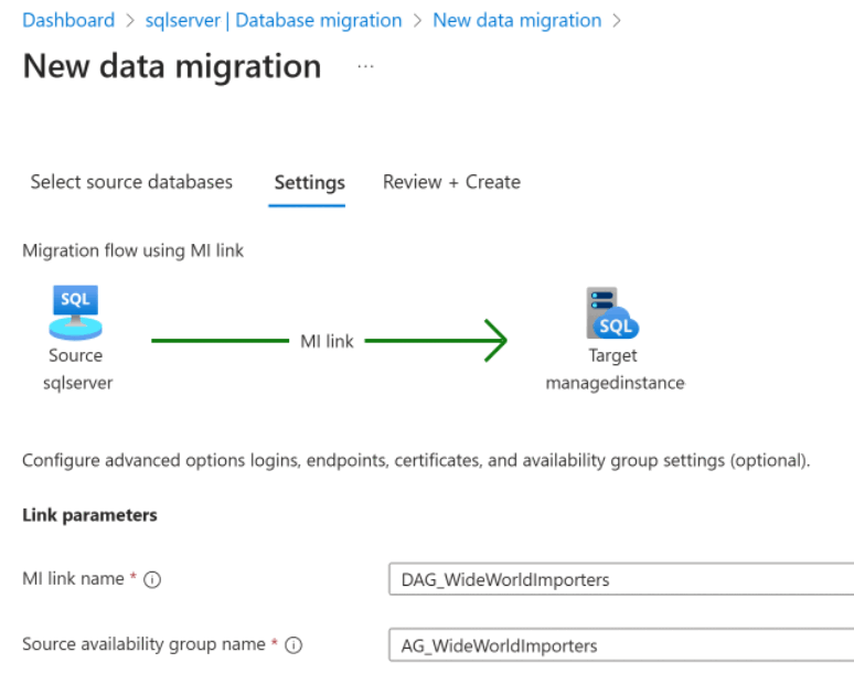 Screenshot dei parametri di collegamento nella pagina delle impostazioni di una nuova migrazione dei dati nel Azure portal.