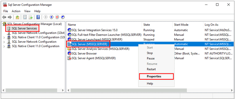 Screenshot che mostra Gestione configurazione SQL Server, con selezioni per aprire le proprietà del servizio.