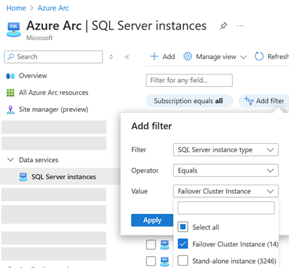 Screenshot del portale di Azure per il controllo dell'aggiunta di filtri di Azure Arc SQL Server.