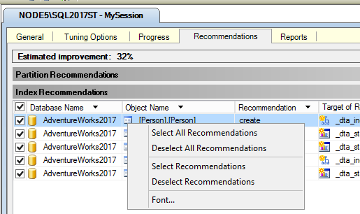 Screenshot del menu di selezione indice consigliato.