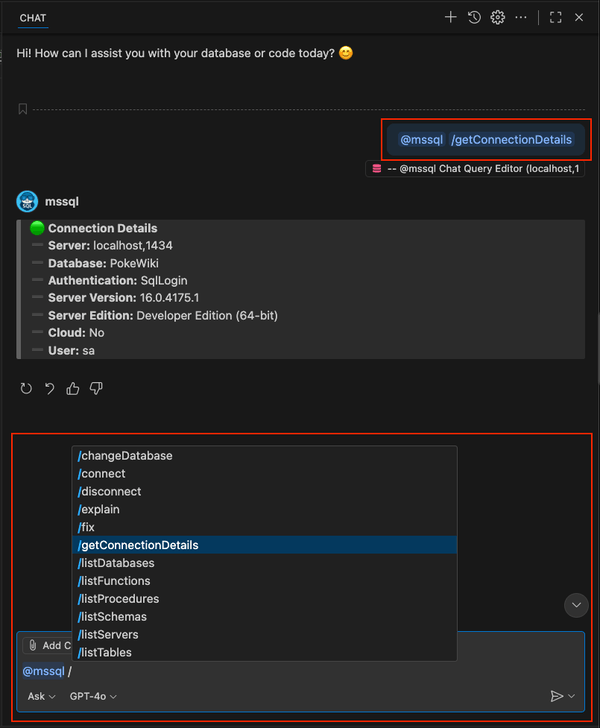 Screenshot di un esempio di utilizzo di un comando slash nella chat di GitHub Copilot.