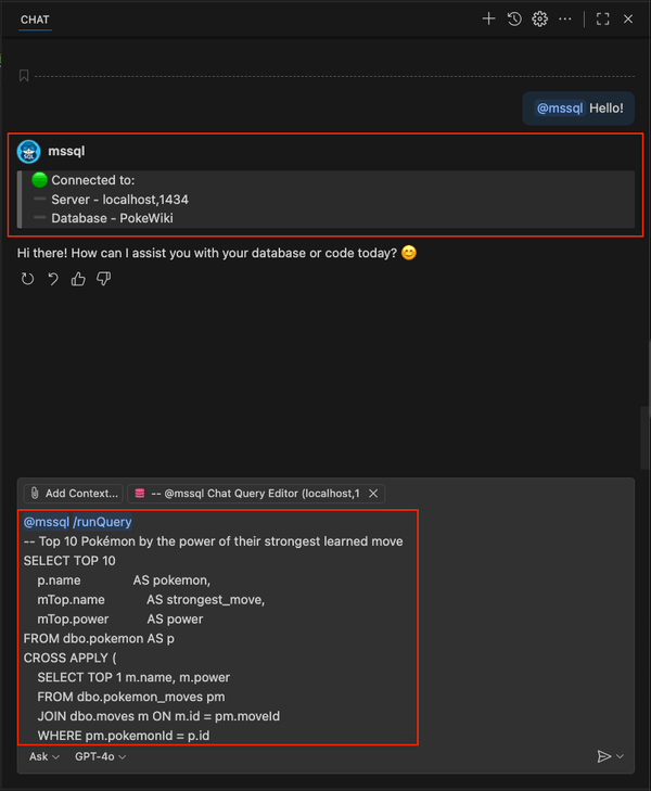 Screenshot che mostra il comando /runQuery slash con SQL per i Pokémon più potenti.