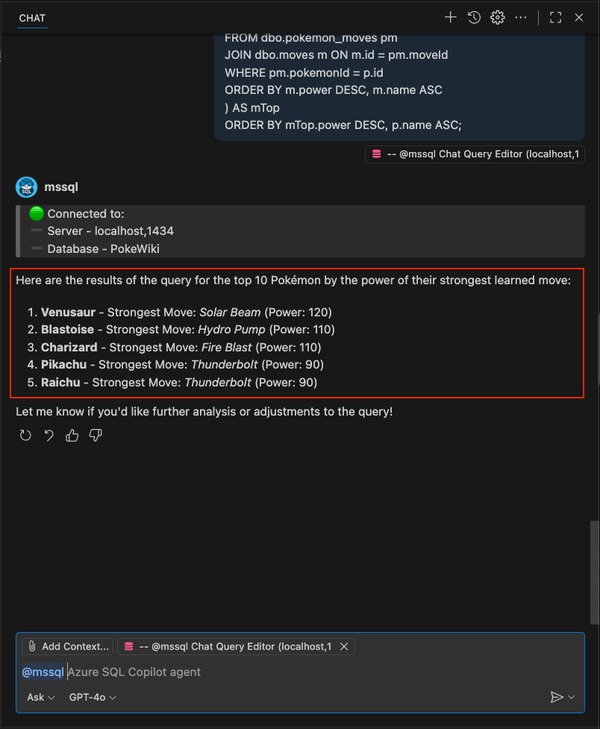 Screenshot che mostra i risultati del comando slash /runQuery per i pokémon più potenti.