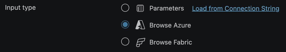 Schermata del selettore del tipo di input nella parte superiore della finestra di dialogo Connessione, in cui sono visualizzati Parametri, Stringa di connessione, Sfoglia Azure e Sfoglia Fabric.