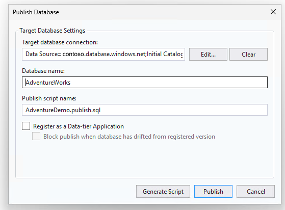 Screenshot della finestra di dialogo Pubblica per la distribuzione delle modifiche del progetto di database SQL.