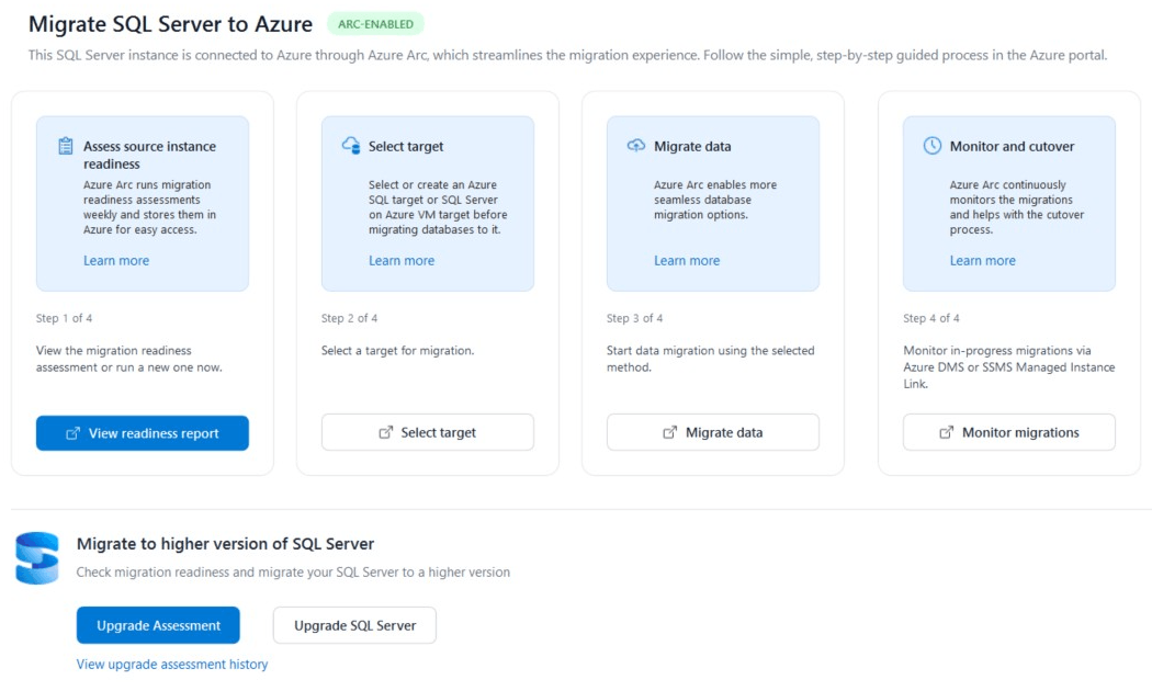 Screenshot della scheda Migrazione che mostra le opzioni di migrazione per le istanze di SQL Server abilitate da Azure Arc.