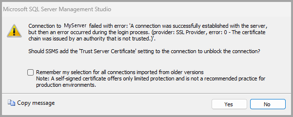Screenshot della richiesta di abilitare l'opzione 'Certificato server attendibile' per la connessione.
