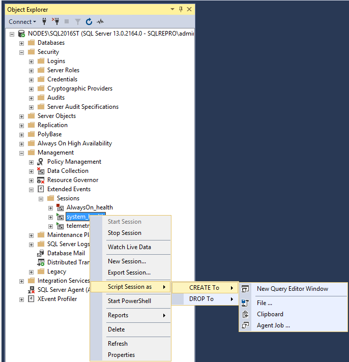 Screenshot della sessione della finestra Editor di query estesa.