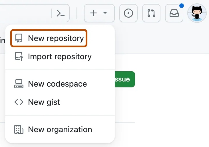 Una schermata del menu a discesa del simbolo più nell'angolo superiore destro di GitHub.com, dove la prima opzione è New repository.