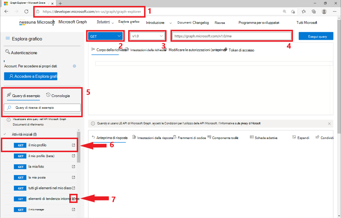 Screenshot che identifica le parti dell'interfaccia di Graph Explorer.