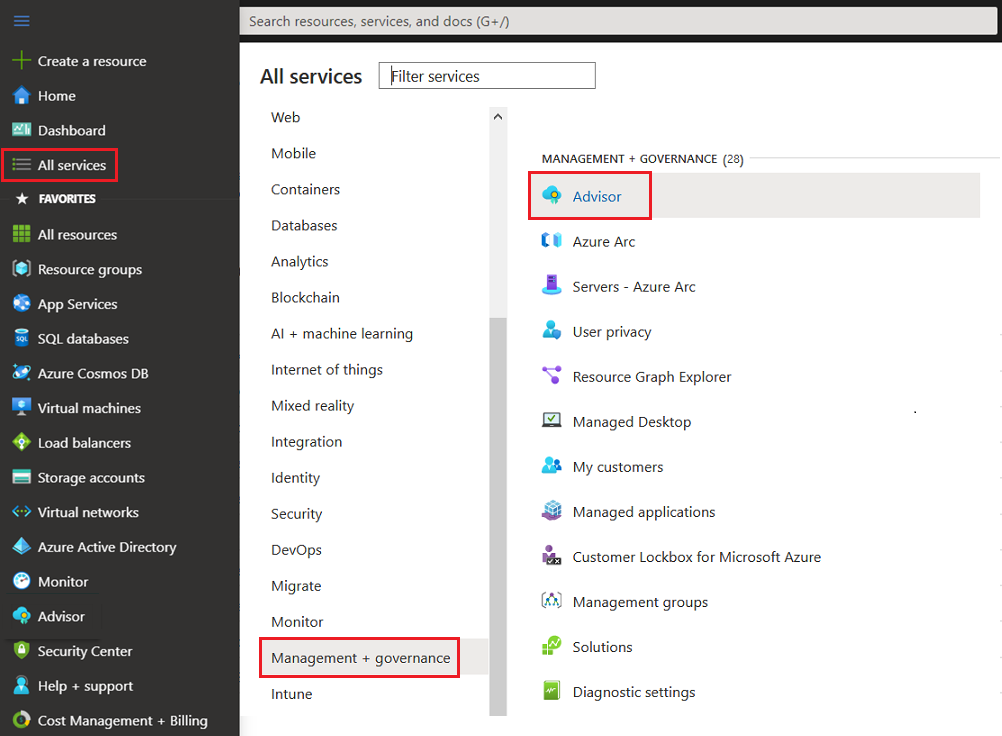 Screenshot che mostra dove trovare Advisor in Tutti i servizi.
