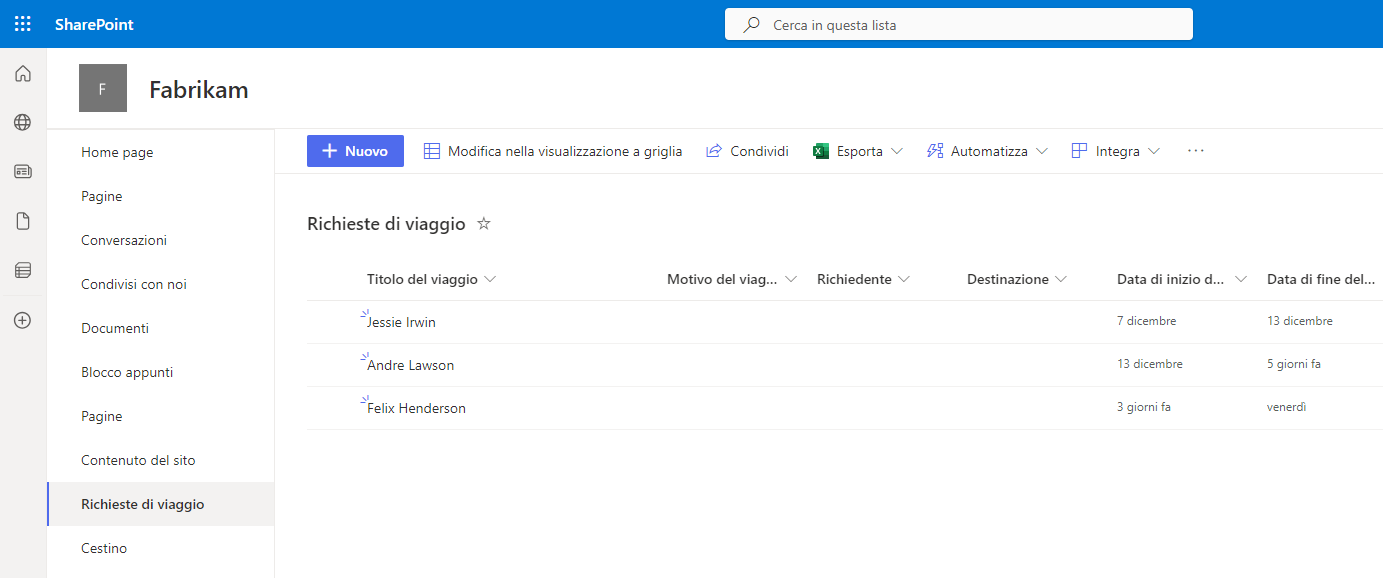 Schermata di un elenco di richieste di ferie in SharePoint.