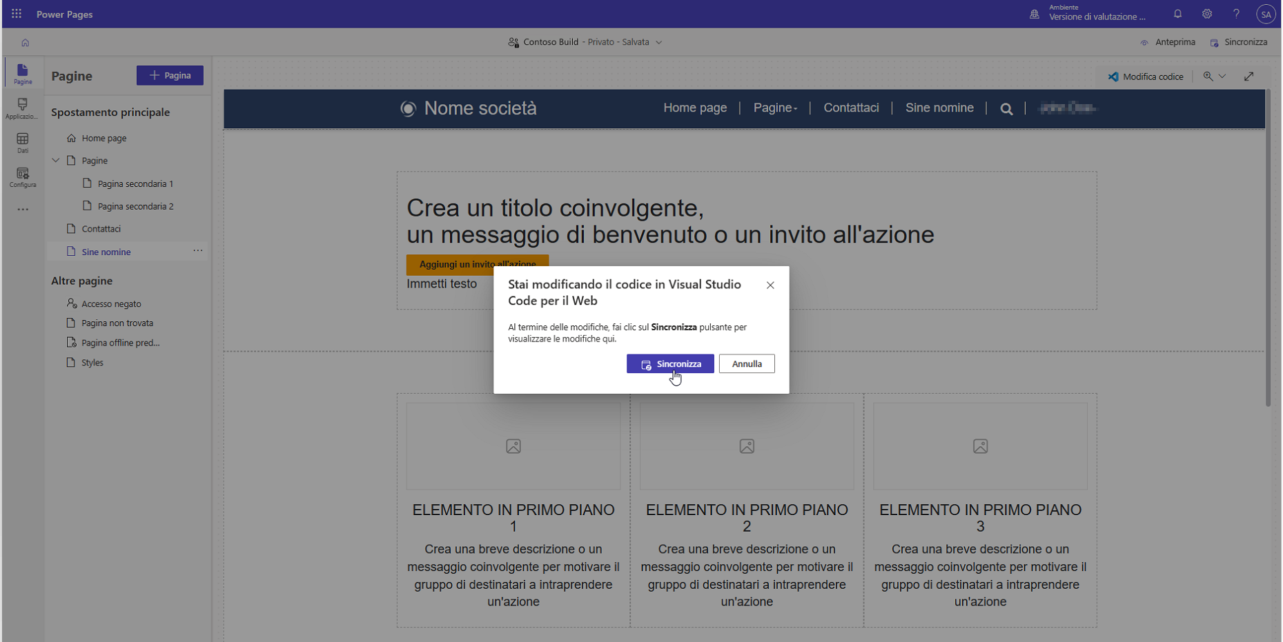 screenshot di una finestra di dialogo per sincronizzare il contenuto della pagina tra Visual Studio Code per l'editor Web e l'area di disegno dello studio di progettazione.
