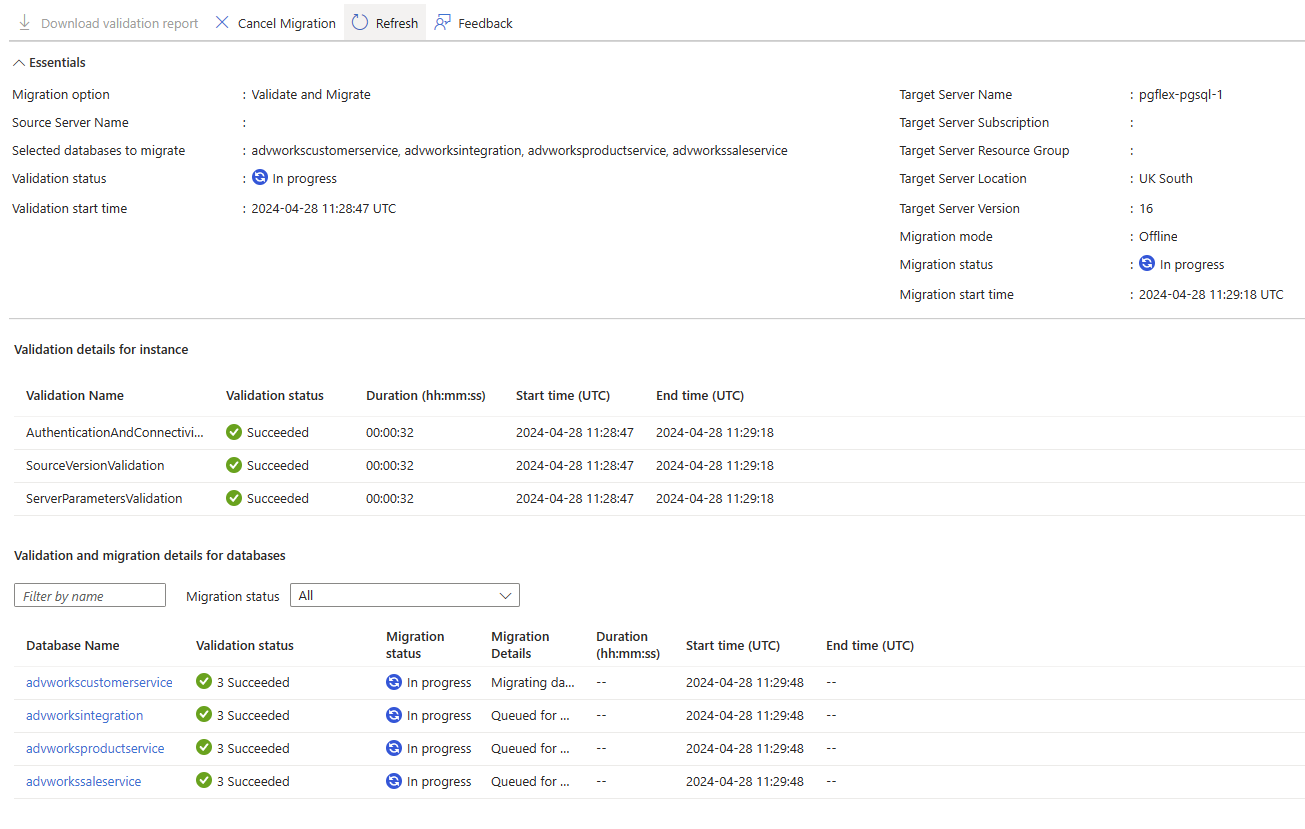 Screenshot del portale di Azure che mostra lo stato di convalida e migrazione del database del progetto di migrazione.
