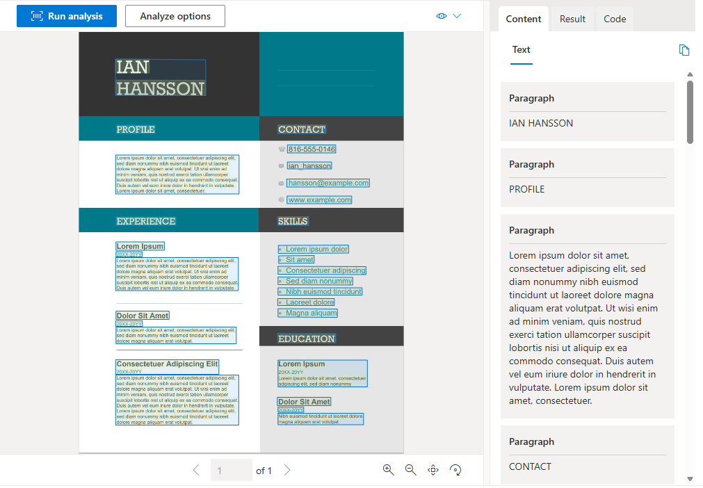 Screenshot che mostra Document Intelligence mentre analizza un documento di esempio con campi estratti e rettangoli di delimitazione.