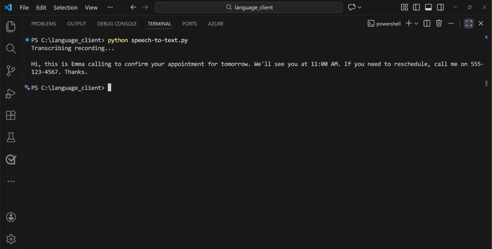 Screenshot di Visual Studio Code con il terminale aperto e i risultati della sintesi vocale.