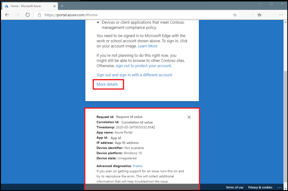 Screenshot di Altri dettagli di un accesso da Web browser interrotto dell'accesso condizionale.