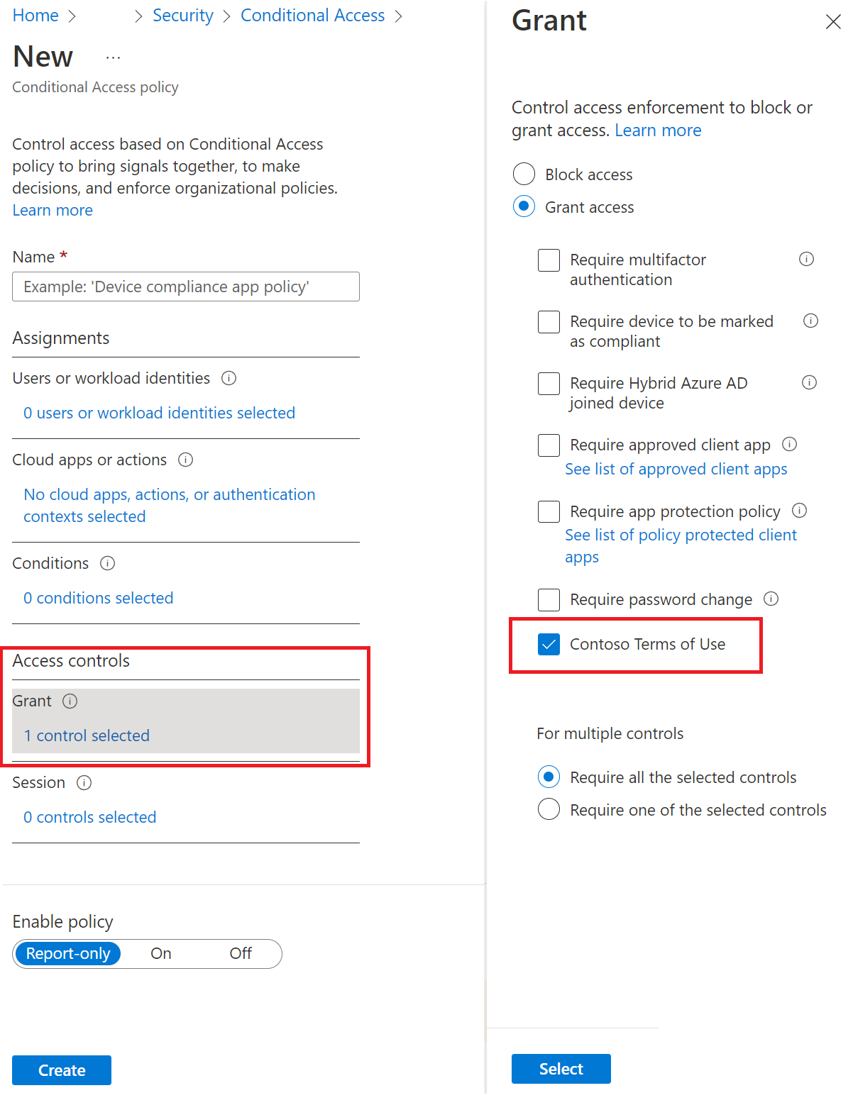 Screenshot della pagina di configurazione dell'accesso condizionale di Microsoft Entra che mostra l'aggiunta di regole relative alle Condizioni per l'utilizzo per poter accedere alle risorse.