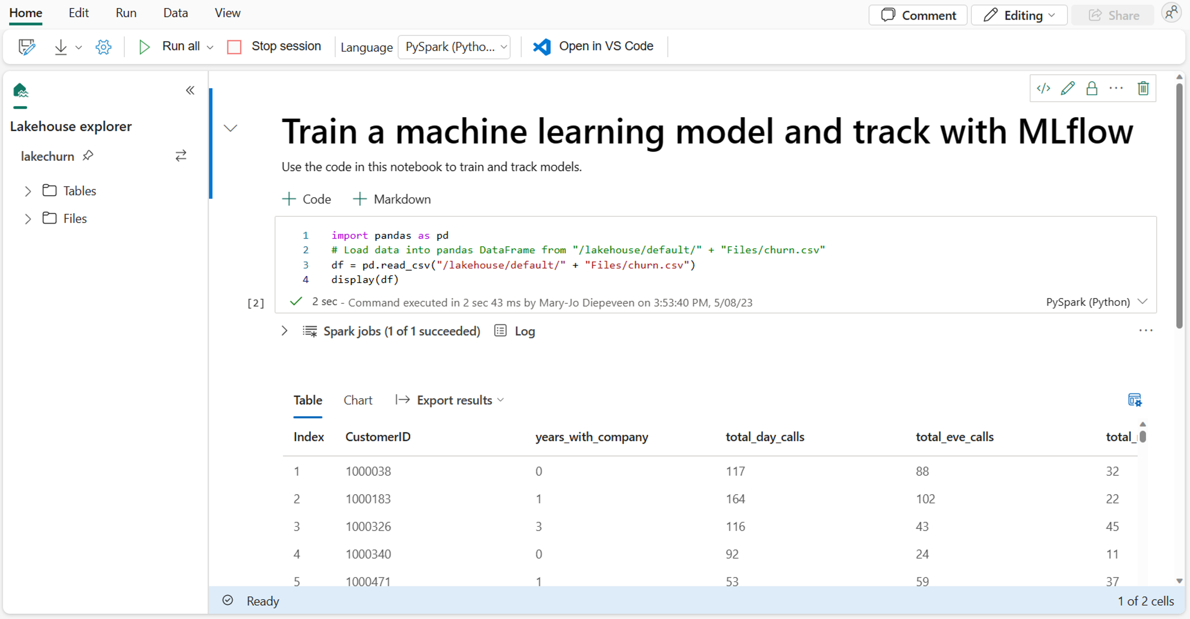 Screenshot di un notebook in Microsoft Fabric.