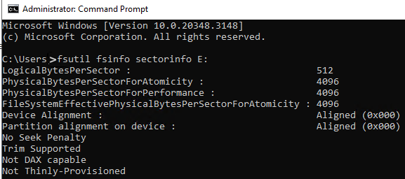 Schermata dell'output del prompt dei comandi con dimensione del settore pari a 4 KB.