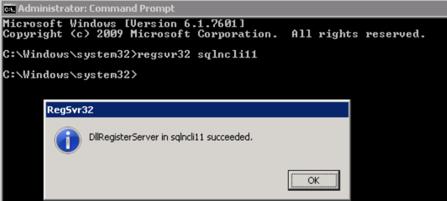 Screenshot che mostra un comando di amministratore per registrare una DLL COM.