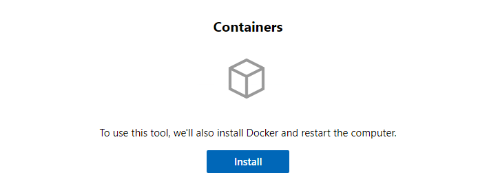 Screenshot di Windows Admin Center. Una pagina dell'estensione Contenitori mostra un pulsante Installa e un messaggio sull'installazione di Docker.