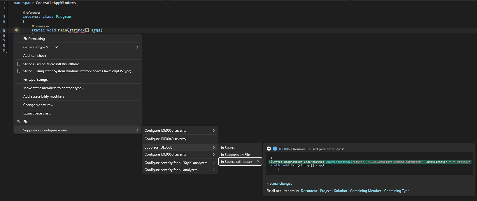 Screenshot che mostra la selezione di Fonte (attributo) dal menu Sopprimi azioni rapide.