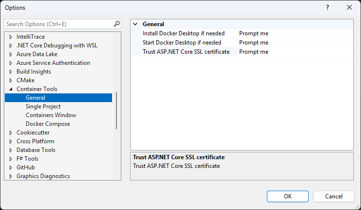 Screenshot delle opzioni di Visual Studio Container Tools.