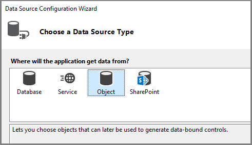 Screenshot che mostra la Configurazione guidata sorgente dati con l'oggetto selezionato come sorgente dati.
