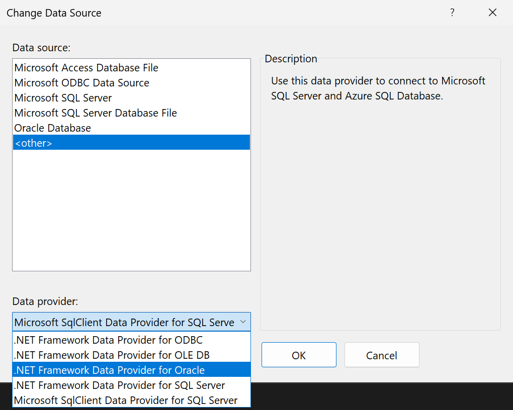 Screenshot che mostra come modificare il provider di dati ADO.NET.