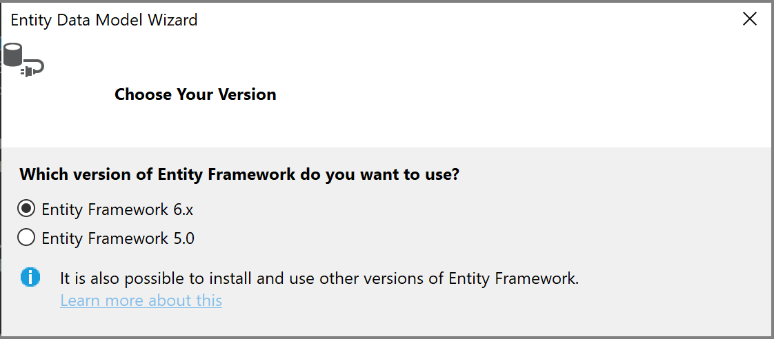 Screenshot che mostra le opzioni di versione per Entity Framework.