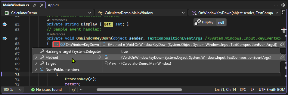 Screenshot che mostra come selezionare la freccia di espansione per un oggetto in un suggerimento dati in Visual Studio.