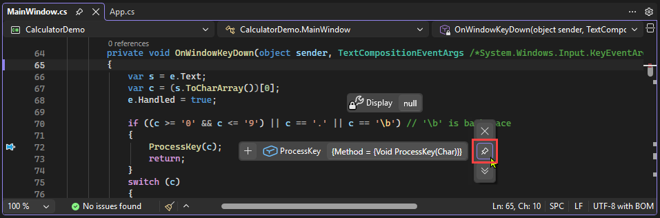 Screenshot che illustra come spostare una descrizione dati in qualsiasi punto Visual Studio.