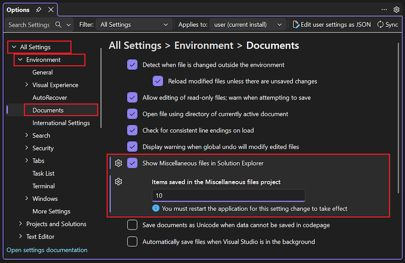 Screenshot che mostra come configurare l'opzione Mostra file esterni in Esplora soluzioni in Visual Studio.