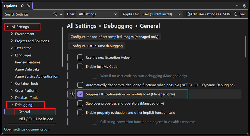Screenshot dell'opzione Sopprimi l'ottimizzazione JIT nel debug del caricamento del modulo.