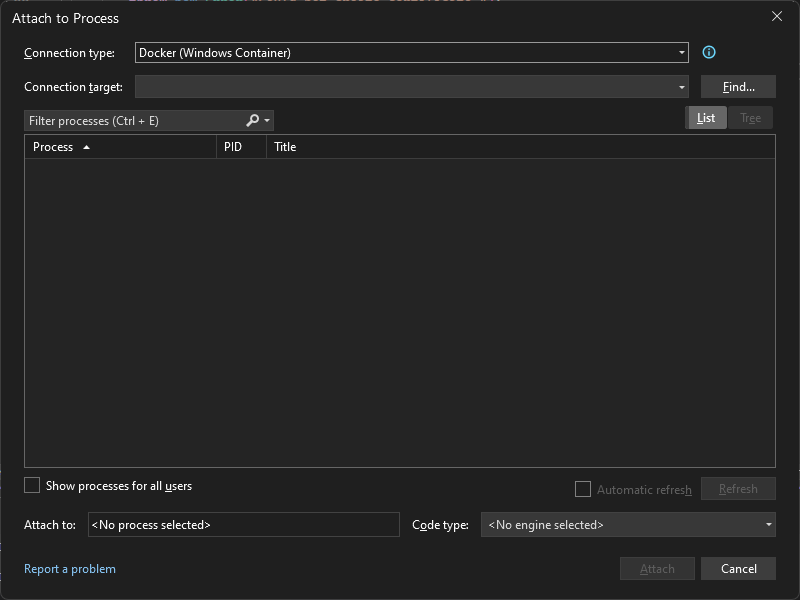 screenshot della finestra di dialogo Connetti a processo in Visual Studio che mostra un tipo di connessione di Docker (contenitore Windows).