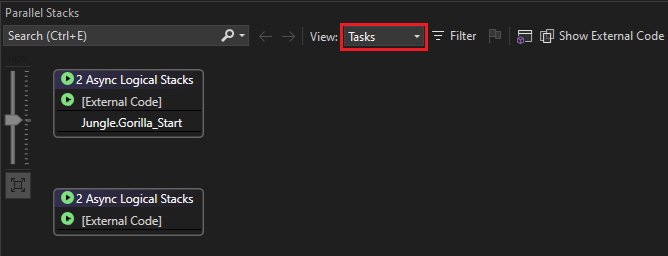 Screenshot della visualizzazione Attività nella finestra Stack Parallel.