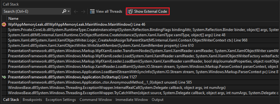 Screenshot della finestra Call Stack che mostra il codice esterno.