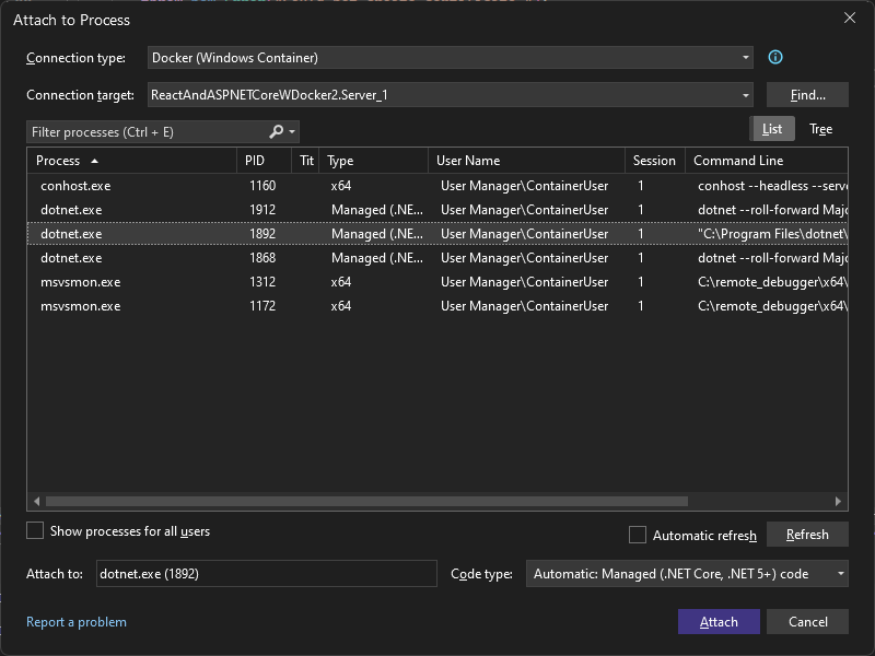 Screenshot della finestra di dialogo Connetti a processo in Visual Studio. Il tipo di connessione è impostato su Docker (Windows Container) e viene selezionato il processo di dotnet.exe.