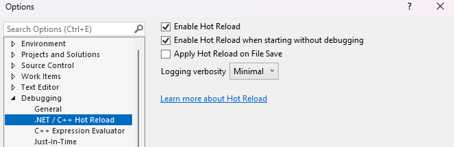 Screenshot delle impostazioni per .NET Ricaricamento rapido.