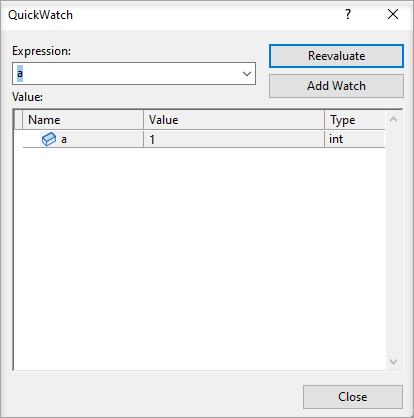 Screenshot della variabile QuickWatch.
