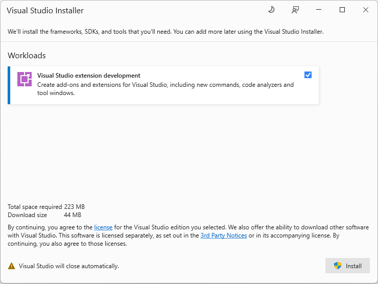 Screenshot che mostra la finestra di dialogo di Visual Studio per installare il carico di lavoro di sviluppo delle estensioni.