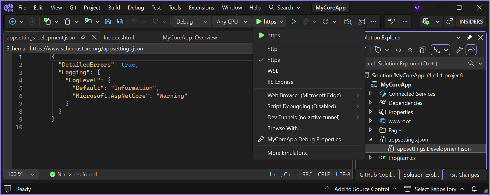 Screenshot mostra il pulsante HTTPS evidenziato nella barra degli strumenti in Visual Studio.