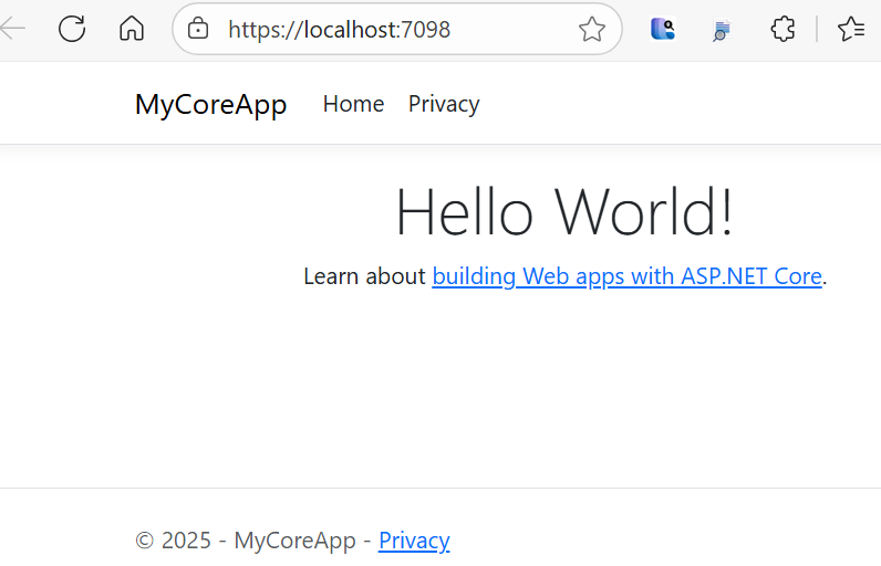 Screenshot mostra la home page dell'app Web nella finestra del browser. Il testo aggiornato indica 'Hello World!'