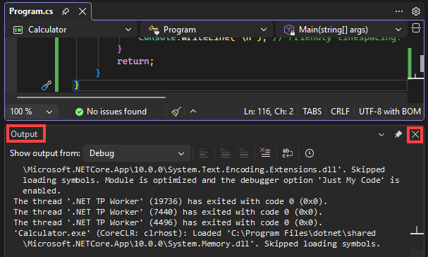Screenshot che mostra come chiudere il riquadro Output in Visual Studio.
